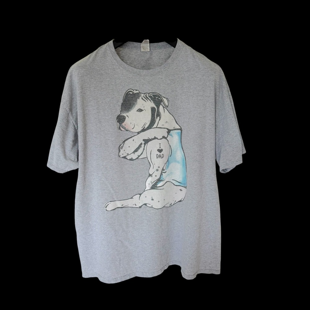 Vintage Y2K Pitbull I Heart Dad Distressed T-Shirt Gray XL